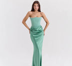 Stylish AM Vision RO Elegant Long Dress with Bare Shoulders in soft green color, perfect for formal events