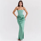 Elegant Long Dress with Bare Shoulders in mint green featuring a fitted bodice and flowing skirt