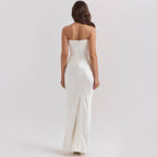 Elegant Long Dress with Bare Shoulders in white, featuring a fitted bodice and graceful back design