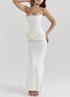 Elegant Long Dress with Bare Shoulders in white, featuring a fitted bodice and draped waist detail
