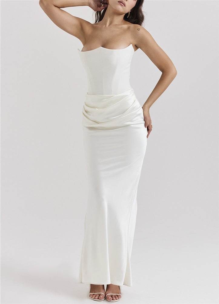 Elegant Long Dress with Bare Shoulders in white, featuring a fitted bodice and draped waist detail
