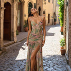 Elegant Summer Dress with a floral design and high slit, perfect for sunny days outdoors