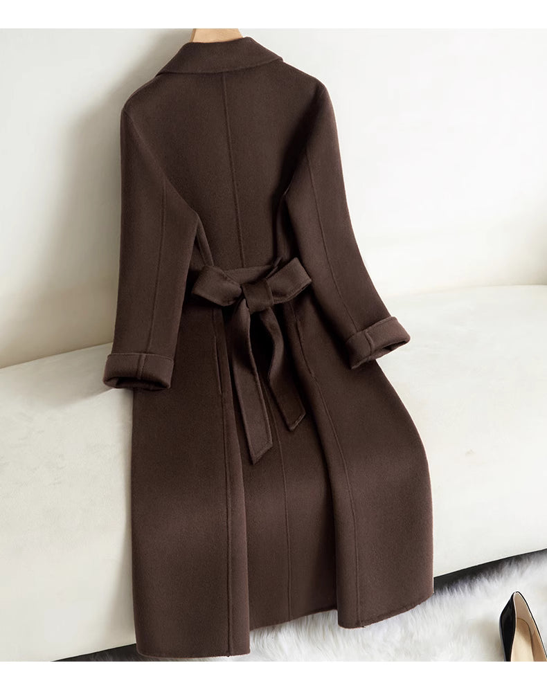 Elegant Wool And Cashmere Coat With Fitted Cut And Suit Collar in rich brown color with a belted waist