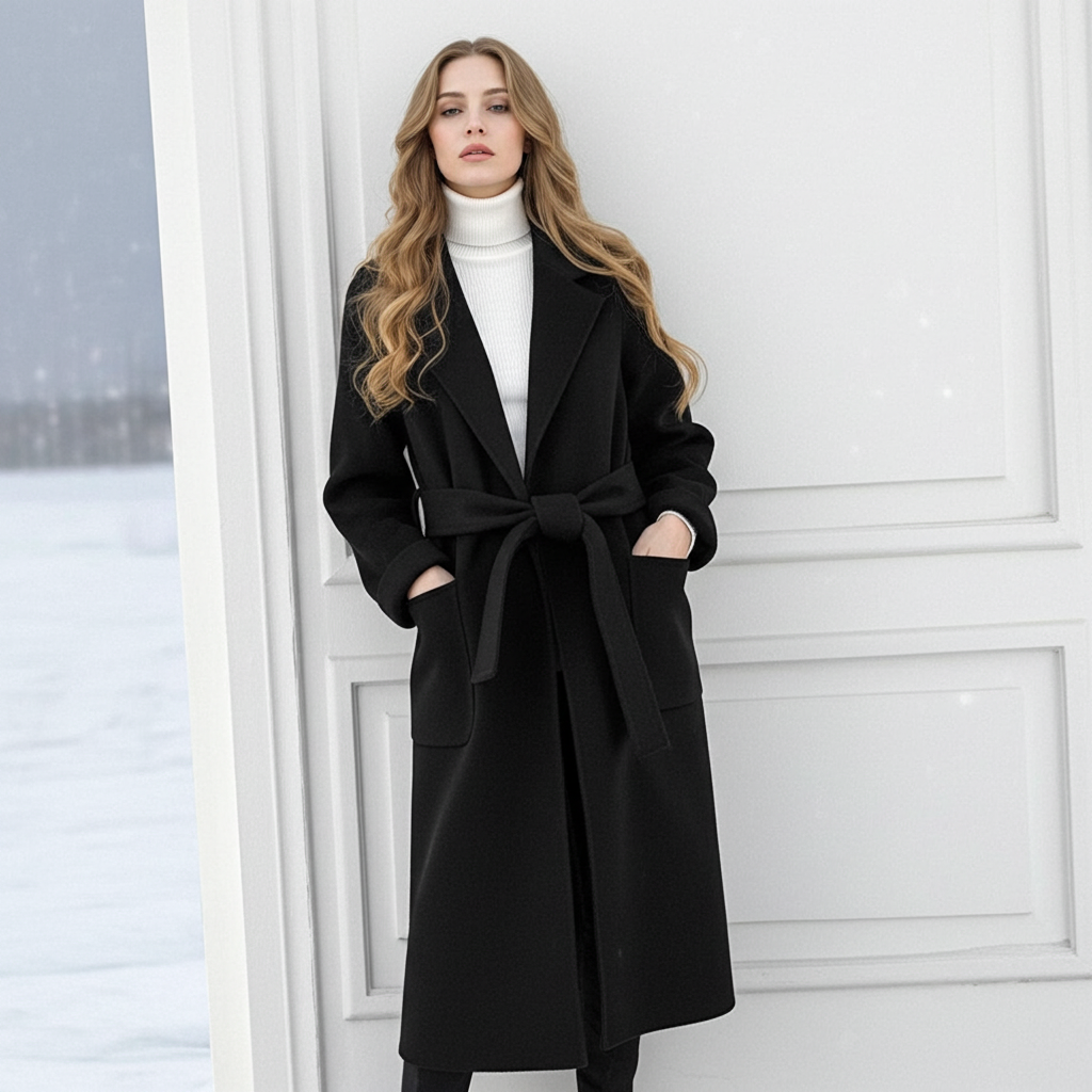 Elegant Wool And Cashmere Coat With Fitted Cut And Suit Collar on a stylish model in a winter setting