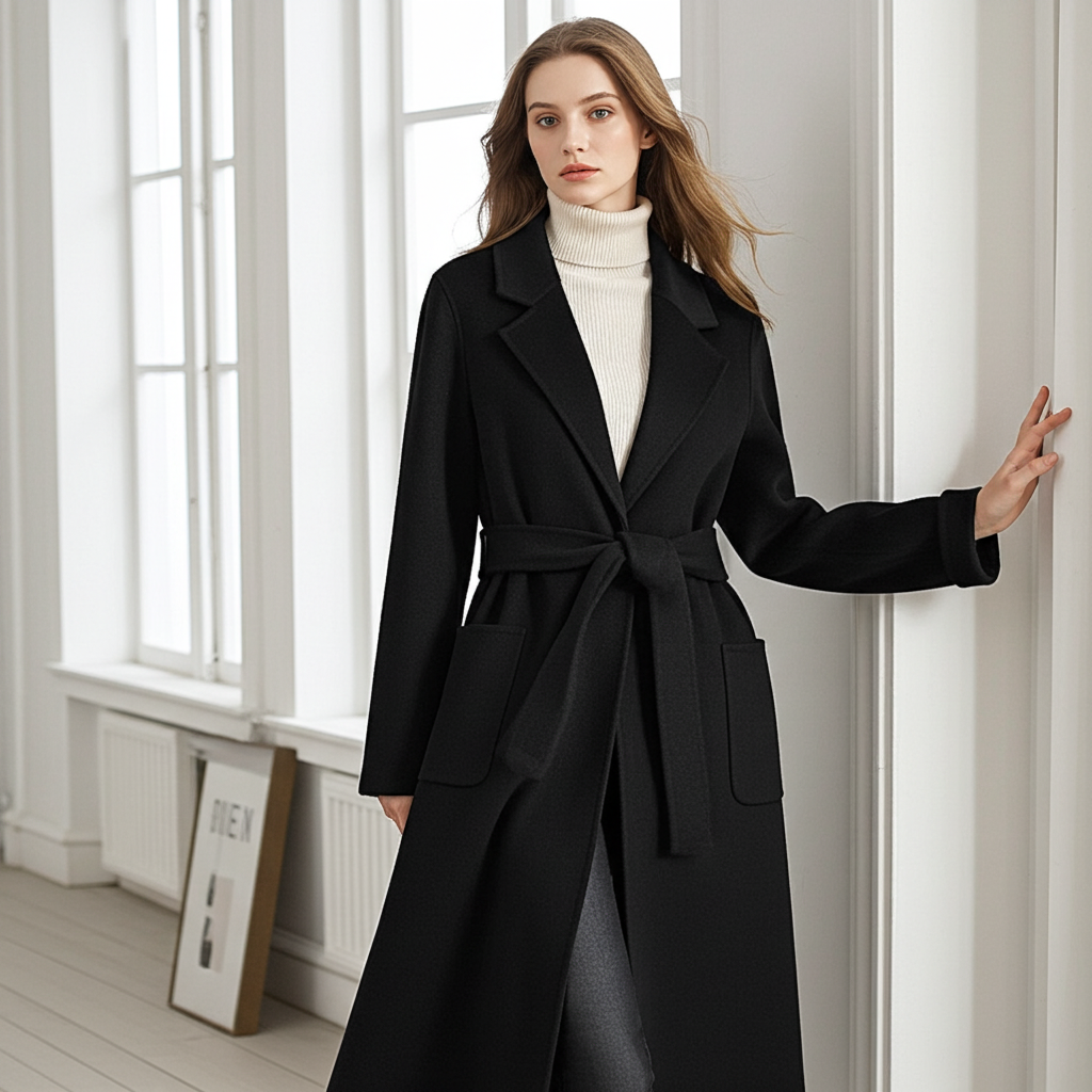 Elegant Wool And Cashmere Coat With Fitted Cut And Suit Collar in classic black with a belt and pockets