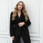 Elegant Wool And Cashmere Coat With Fitted Cut And Suit Collar in black, styled with a belt and pockets