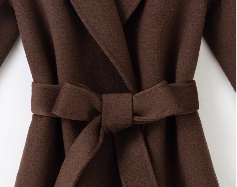 Elegant Wool And Cashmere Coat With Fitted Cut And Suit Collar in rich brown with a stylish belt