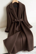 Elegant Wool And Cashmere Coat With Fitted Cut And Suit Collar in rich brown color featuring a belted waist