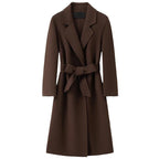 Elegant Wool And Cashmere Coat With Fitted Cut And Suit Collar in Dark Brown with Tie Belt