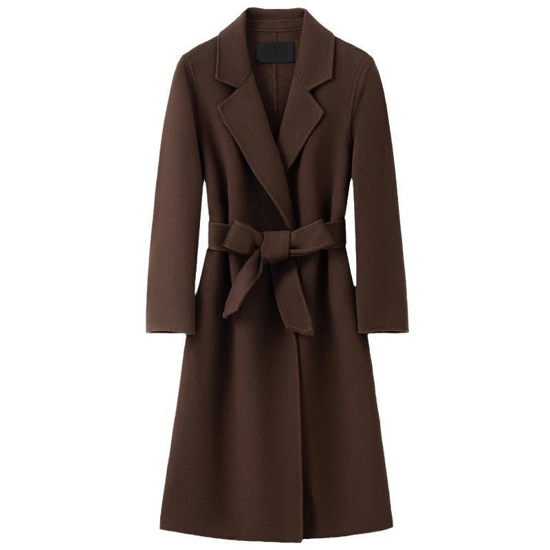 Elegant Wool And Cashmere Coat With Fitted Cut And Suit Collar in Dark Brown with Tie Belt