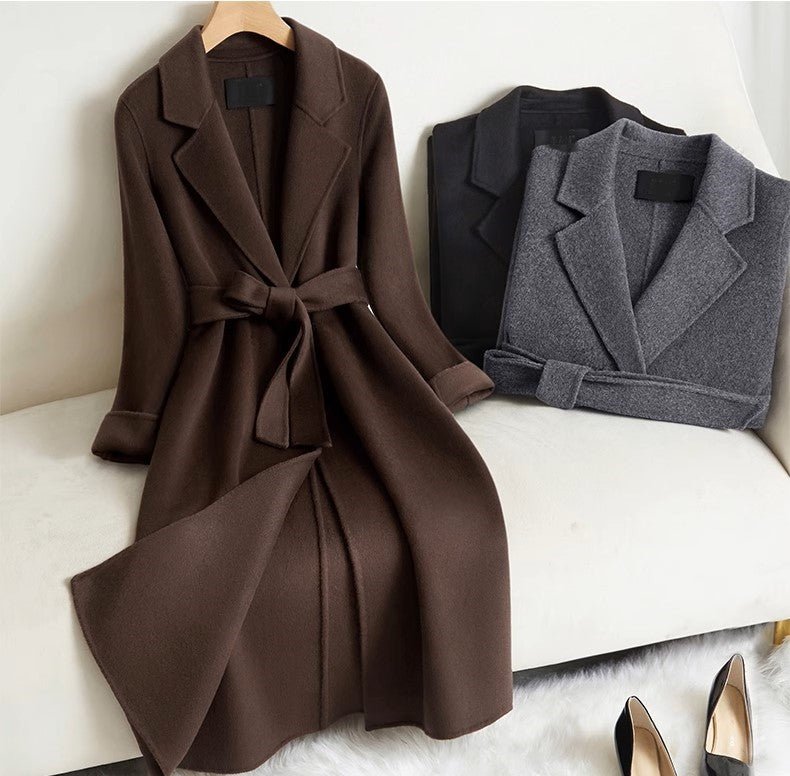 Elegant Wool And Cashmere Coat With Fitted Cut And Suit Collar in Brown, Grey, and Black Colors