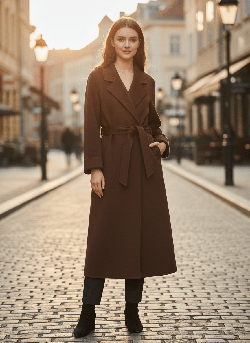 Elegant Wool And Cashmere Coat With Fitted Cut And Suit Collar in brown, styled with a waist tie, model on city street