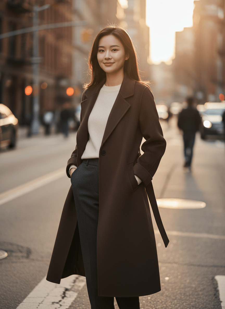 Elegant Wool And Cashmere Coat With Fitted Cut And Suit Collar worn outdoors in city setting
