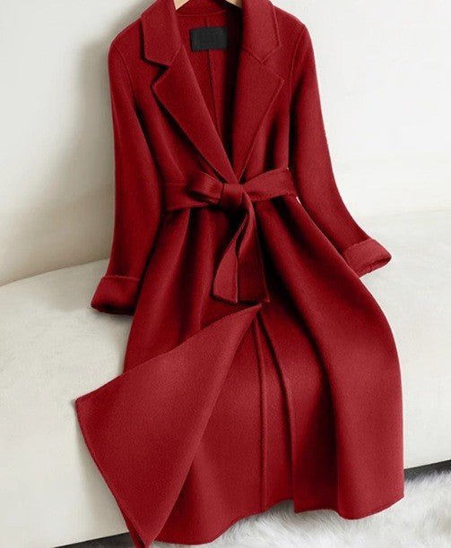 Elegant Wool And Cashmere Coat With Fitted Cut And Suit Collar in Rich Red with Belted Waist