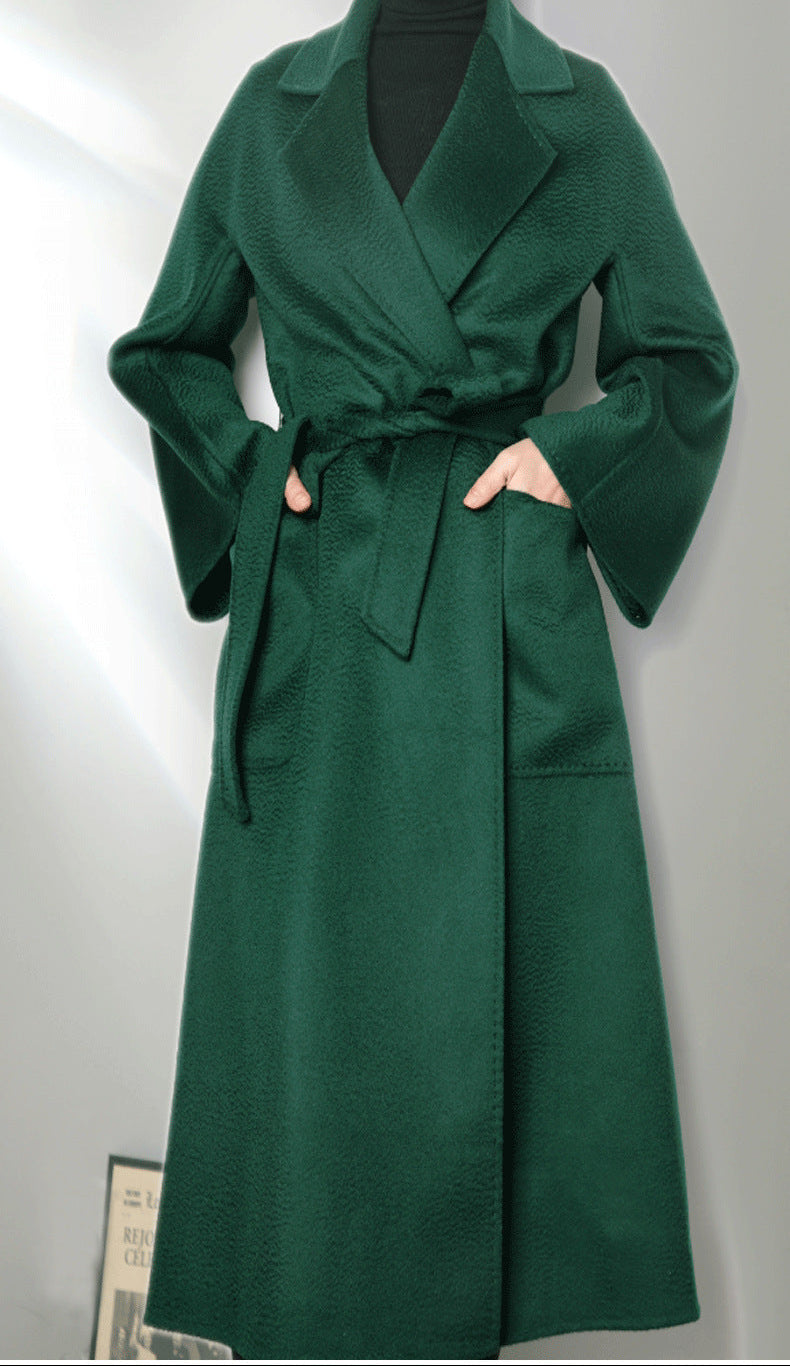 Eloane Elegant Ripple Wool Coat in Green with Wrap Tie and Flared Sleeves for Stylish Warmth