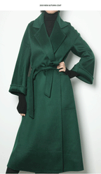 Eloane Elegant Ripple Wool Coat in dark green with a tie belt and stylish long sleeves
