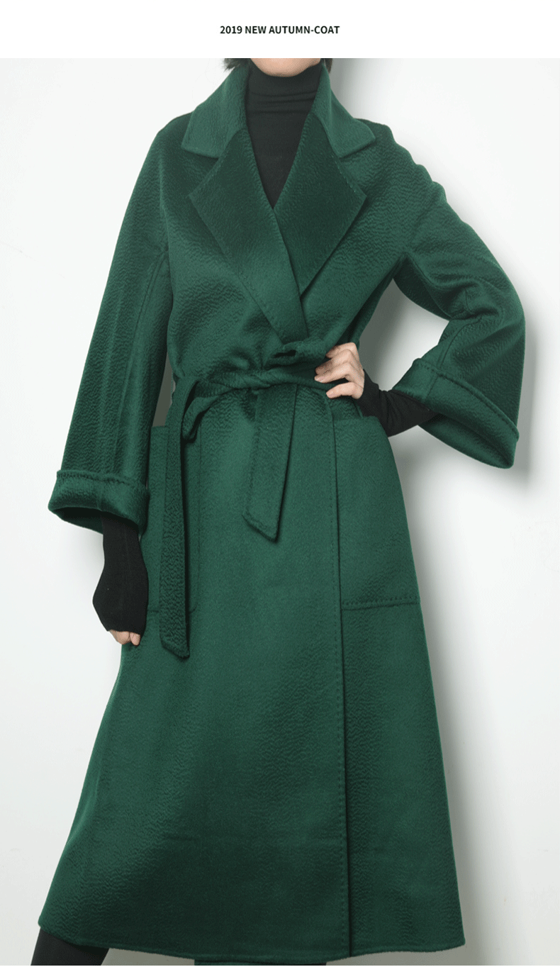 Eloane Elegant Ripple Wool Coat in dark green with a tie belt and stylish long sleeves