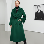 Eloane Elegant Ripple Wool Coat in Green with Belted Waist and Flared Sleeves