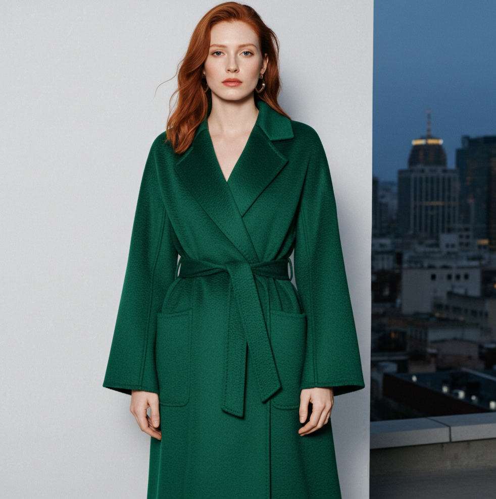 Eloane Elegant Ripple Wool Coat in deep green with a belt and pockets for a stylish look