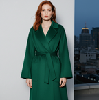 Eloane Elegant Ripple Wool Coat in deep green with a belt and pockets for a stylish look