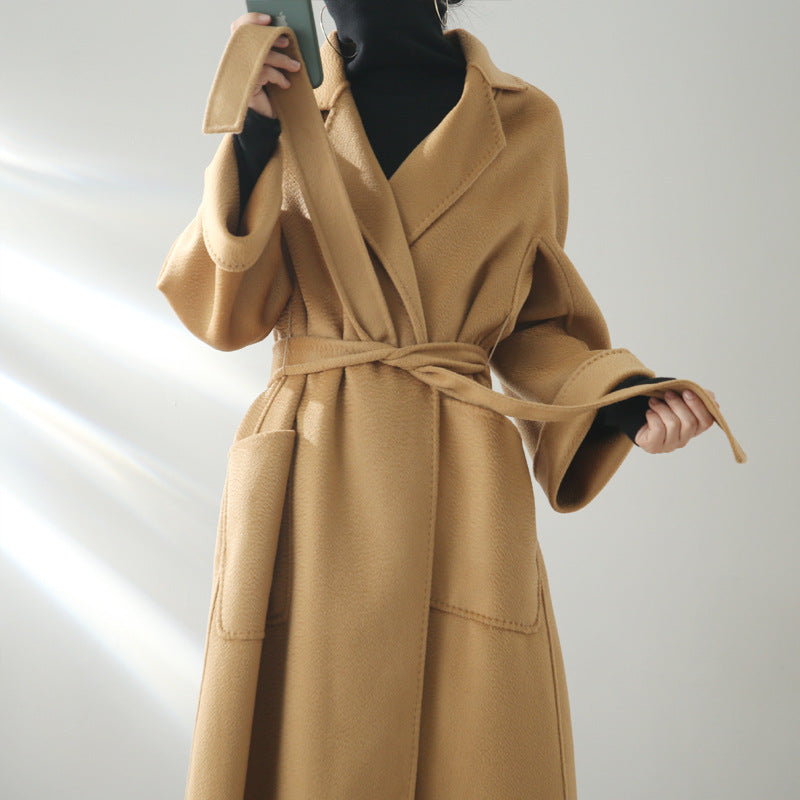Eloane Elegant Ripple Wool Coat in camel with stylish belt and pockets for a chic look