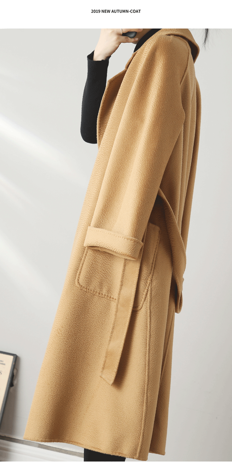 Eloane Elegant Ripple Wool Coat in camel color with a stylish design and waist tie detail