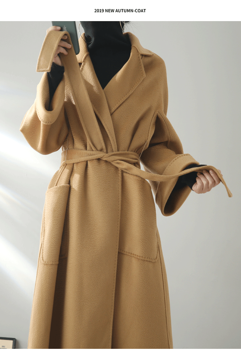 Eloane Elegant Ripple Wool Coat in camel color with a stylish wrap design and pockets