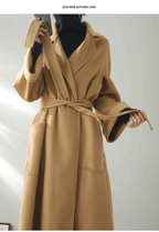 Eloane Elegant Ripple Wool Coat in camel color with a stylish wrap design and pockets