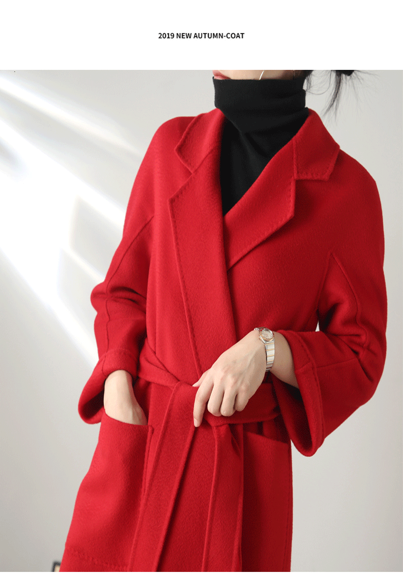 Eloane Elegant Ripple Wool Coat in Red with a Stylish Belt and Soft Fabric for Autumn Wear