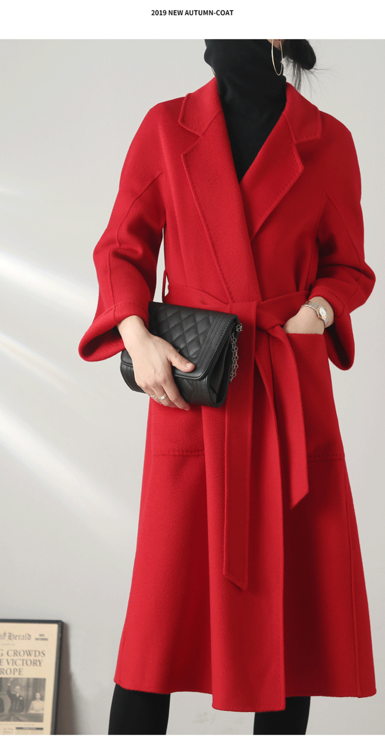 Eloane Elegant Ripple Wool Coat in Red with a Stylish Belt and Flared Sleeves for Fashionable Outfits