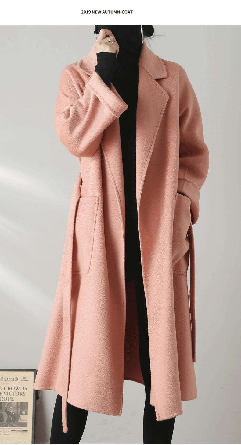Eloane Elegant Ripple Wool Coat in Soft Pink with Open Front and Pockets for Stylish Autumn Wear