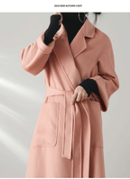 Eloane Elegant Ripple Wool Coat in soft pink with belt and pockets for stylish autumn wear