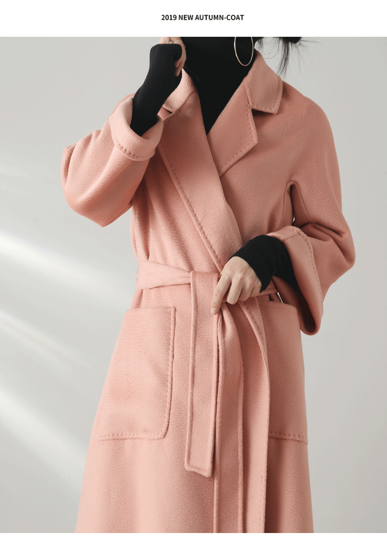 Eloane Elegant Ripple Wool Coat in soft pink with belt and pockets for stylish autumn wear