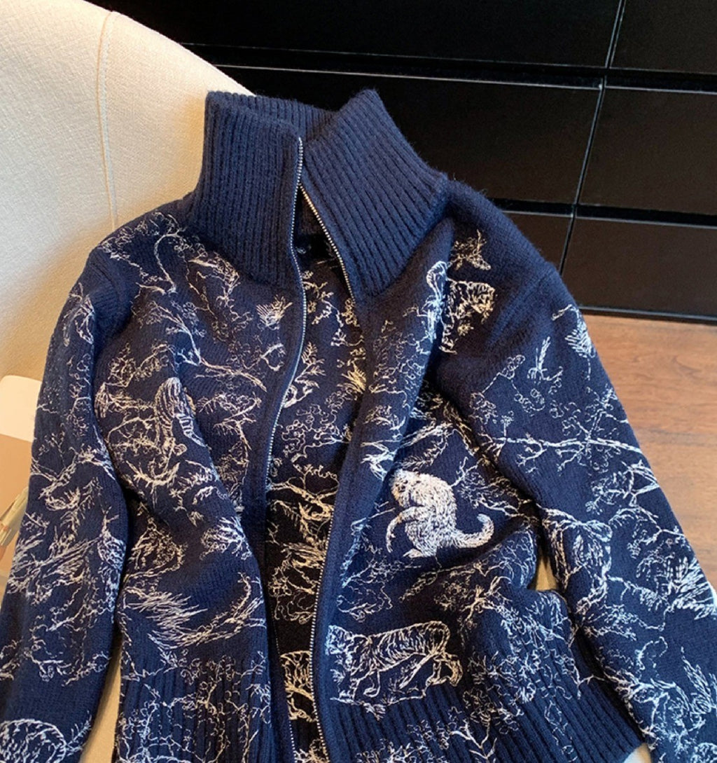 AM Vision RO Emblem Knit Zip Jacket in navy featuring intricate animal patterns and a stylish high collar