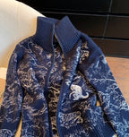 AM Vision RO Emblem Knit Zip Jacket in navy featuring intricate animal patterns and a stylish high collar