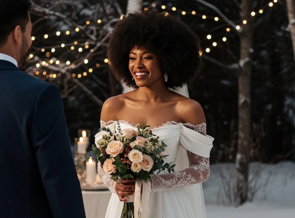 Ethereal One Shoulder Lace Trail Wedding Gown on a bride smiling with a bouquet in a winter setting