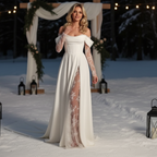 Ethereal One Shoulder Lace Trail Wedding Gown featuring a chic slit and elegant lace details for winter weddings