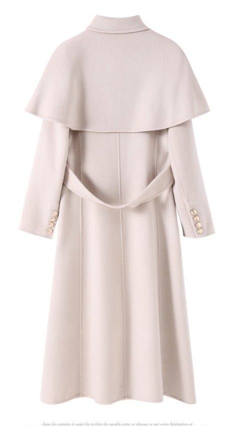 AM Vision RO Extra-Long Double Wool Coat With Detachable Shawl Collar in soft beige color, featuring elegant design