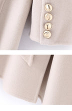 Close-up of Extra-Long Double Wool Coat With Detachable Shawl Collar featuring gold buttons and soft fabric