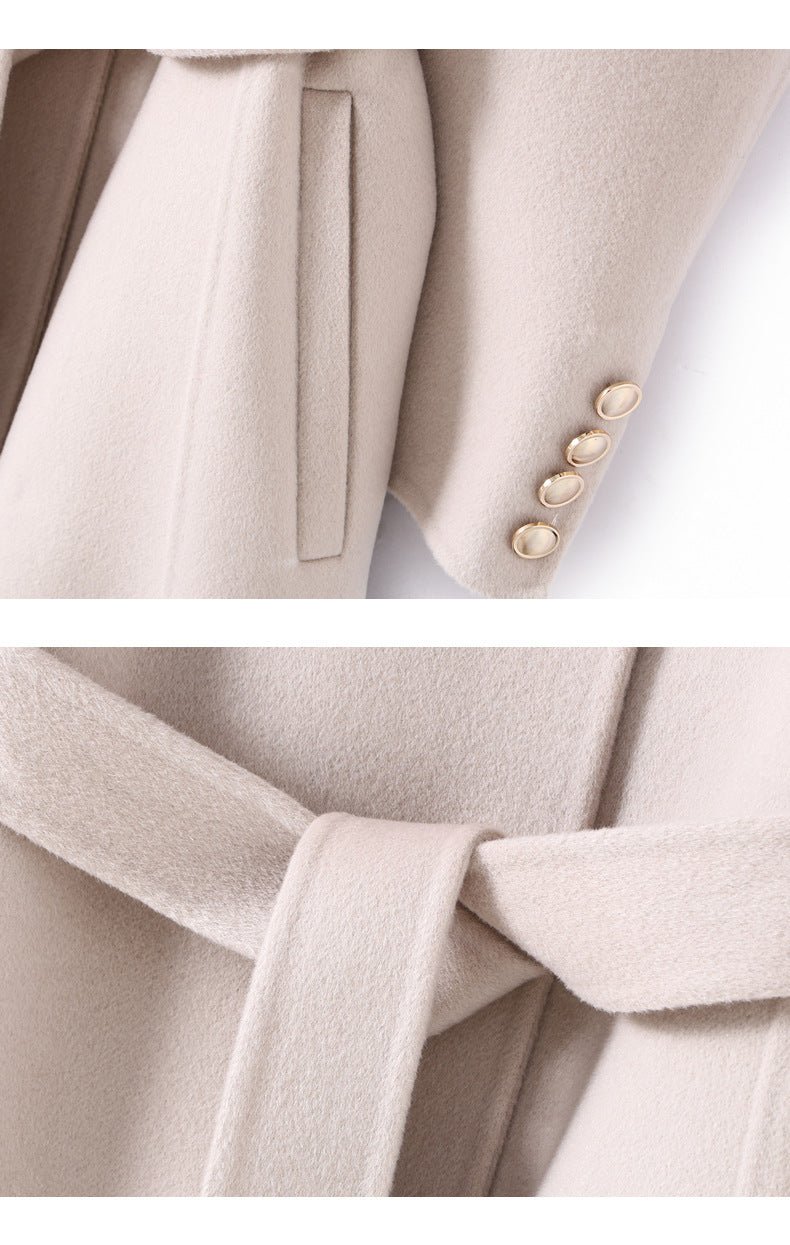 Close-up of AM Vision RO Extra-Long Double Wool Coat With Detachable Shawl Collar featuring elegant buttons and belt