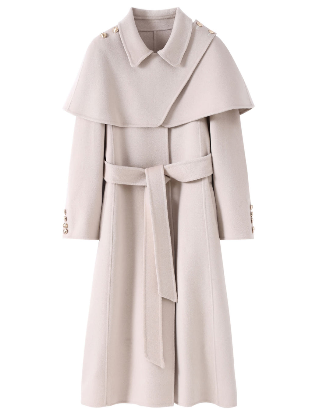 Extra-Long Double Wool Coat With Detachable Shawl Collar in Soft Beige with Belted Waist