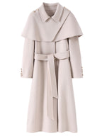 Extra-Long Double Wool Coat With Detachable Shawl Collar in Soft Beige with Belted Waist