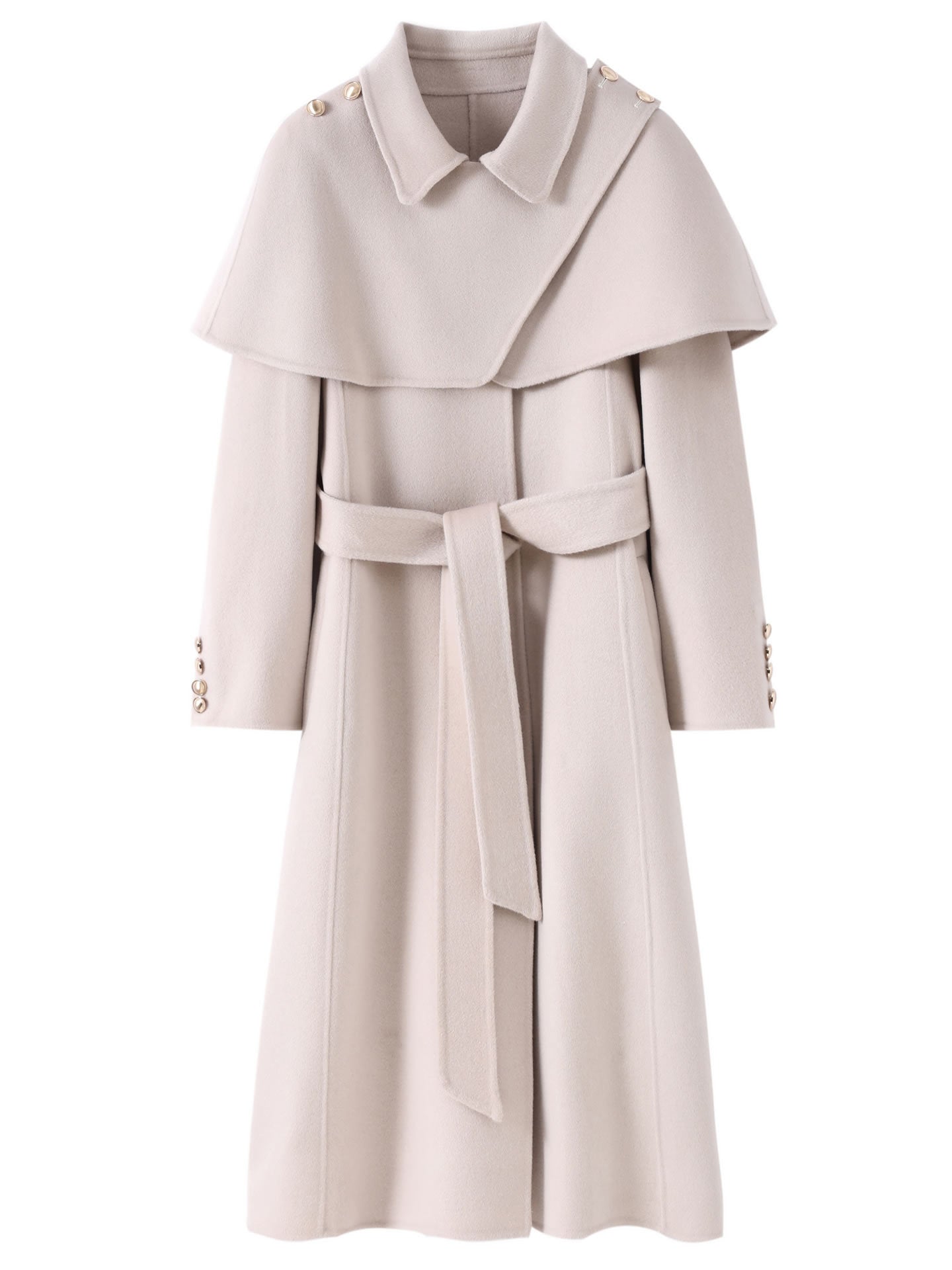 Extra-Long Double Wool Coat With Detachable Shawl Collar in Soft Beige with Belted Waist