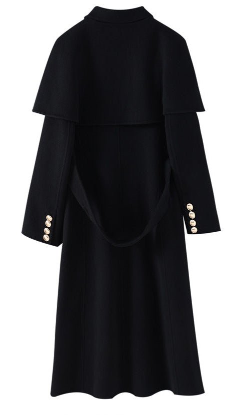 Extra-Long Double Wool Coat With Detachable Shawl Collar in black with elegant button details