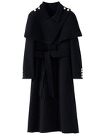 Extra-Long Double Wool Coat With Detachable Shawl Collar featuring elegant button details and a belted waist