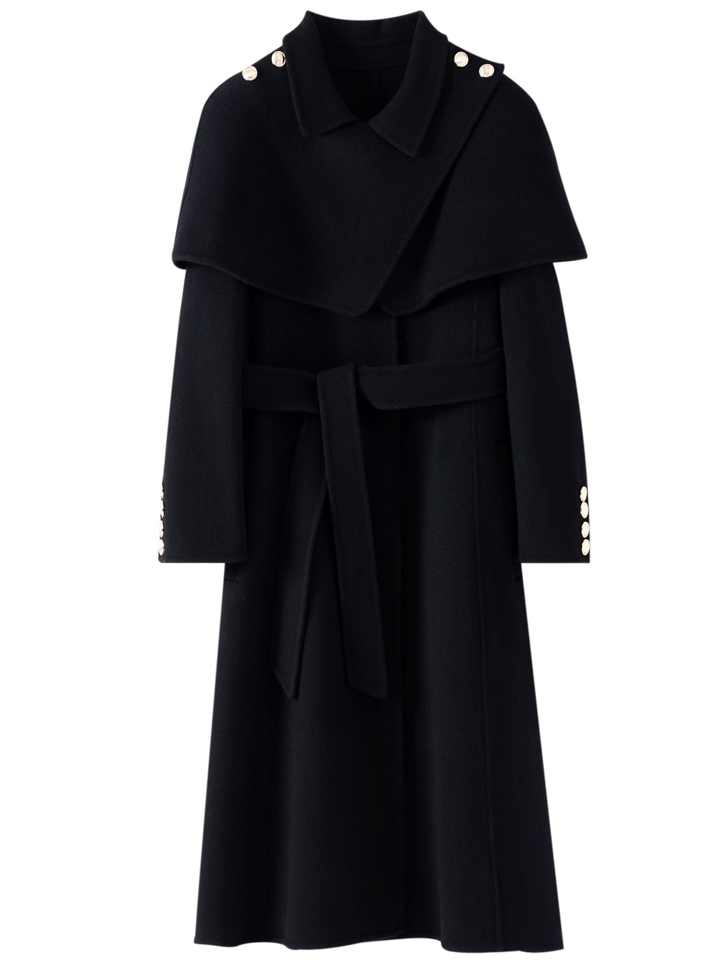 Extra-Long Double Wool Coat With Detachable Shawl Collar featuring elegant button details and a belted waist