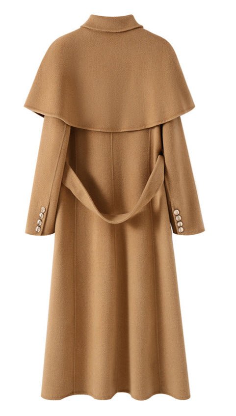 Extra-Long Double Wool Coat With Detachable Shawl Collar in a stylish tan color, featuring an elegant back design.