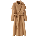 Extra-Long Double Wool Coat With Detachable Shawl Collar in camel color, featuring a belted waist and button details