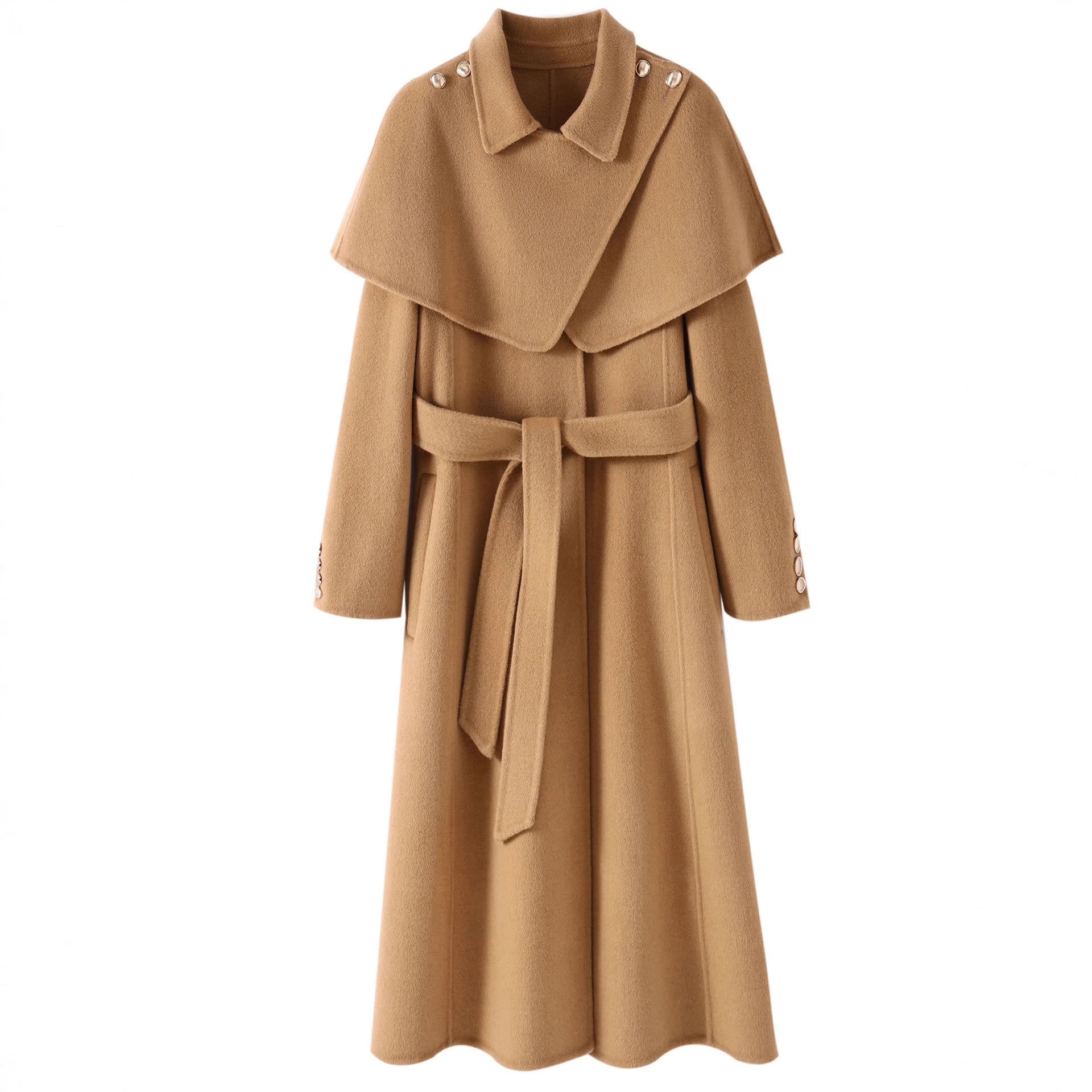 Extra-Long Double Wool Coat With Detachable Shawl Collar in camel color, featuring a belted waist and button details