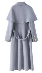 Back view of Extra-Long Double Wool Coat With Detachable Shawl Collar in light blue with elegant design features